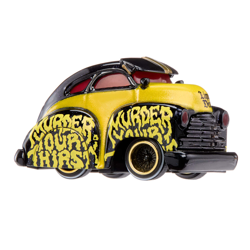 A miniature die-cast model car in a classic 1940s style, featuring a bright yellow and black paint scheme with 'MURDER YOUR THIRST' written in a dripping font across the wheels, on a solid white background.