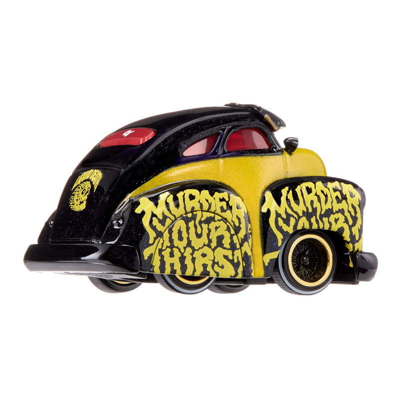 A die-cast metal toy car classic black and yellow, featuring 'Murder Your Thirst' graffiti-style lettering on the sides and hood, set against a plain white background.