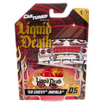 A packaged collectible die-cast car from Car-Tuned Remixes' Liquid Death series, specifically '59 Chevy Impala #05. The red car is displayed inside a clear blister pack on a highly detailed, red, black, and gold retro-style backing card.