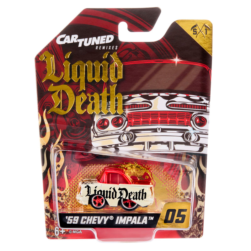 A packaged collectible die-cast car from Car-Tuned Remixes' Liquid Death series, specifically '59 Chevy Impala #05. The red car is displayed inside a clear blister pack on a highly detailed, red, black, and gold retro-style backing card.
