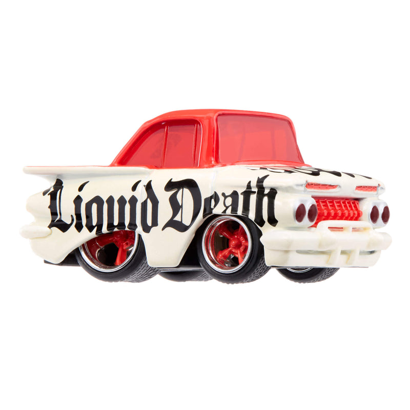 A die-cast toy, white, car with a red roof and red wheels, featuring the gothic text 'Liquid Death' on the side, isolated on a white background.