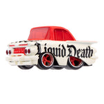 A die-cast toy car styled like a classic white convertible with a red top, featuring 'Liquid Death' written in black gothic lettering on the side, set against a plain white background.