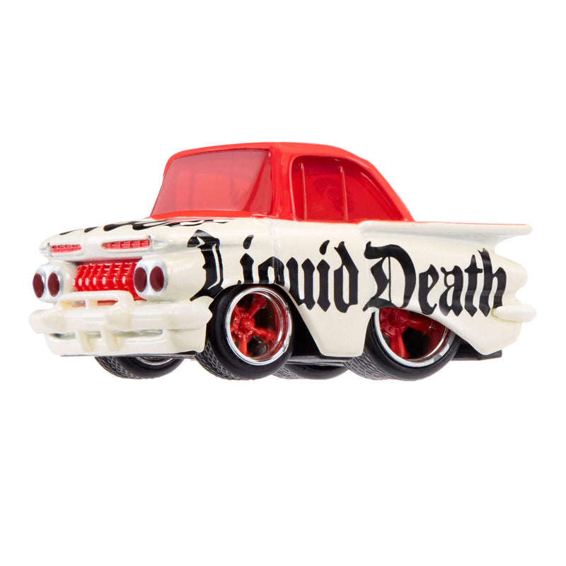 A die-cast toy car styled like a classic white convertible with a red top, featuring 'Liquid Death' written in black gothic lettering on the side, set against a plain white background.
