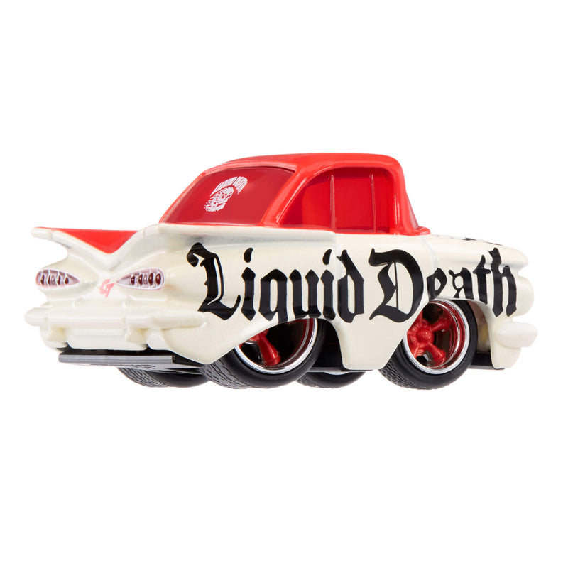 A die-cast toy car styled like a classic white and red convertible, featuring the words 'Liquid Death' in black gothic lettering on the side and a red roof.