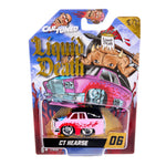 A packaged Car Tuned 'Liquid Death' CT Hearse die-cast toy car, number 06, in its original blister card packaging. The packaging features a colorful illustration of a muscular pink car with a bull skull on the hood and the Car Tuned logo at the top.