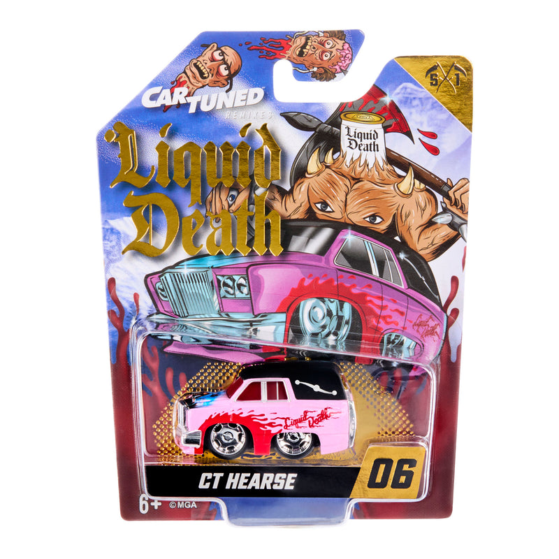 A packaged Car Tuned 'Liquid Death' CT Hearse die-cast toy car, number 06, in its original blister card packaging. The packaging features a colorful illustration of a muscular pink car with a bull skull on the hood and the Car Tuned logo at the top.