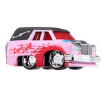 A pink and red toy custom car with 'Liquid Death' written on the side in a stylized font, featuring chrome wheels, a black roof, and flame decals.