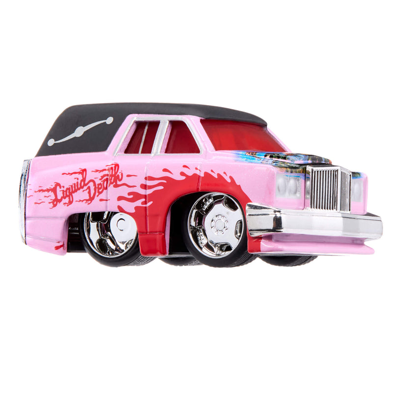 A pink and red toy custom car with 'Liquid Death' written on the side in a stylized font, featuring chrome wheels, a black roof, and flame decals.