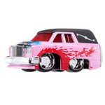 A toy model car styled like a custom pink and red hearse with a black roof, chrome wheels, and 'Liquid Death' script on the side, shown against a plain white background.