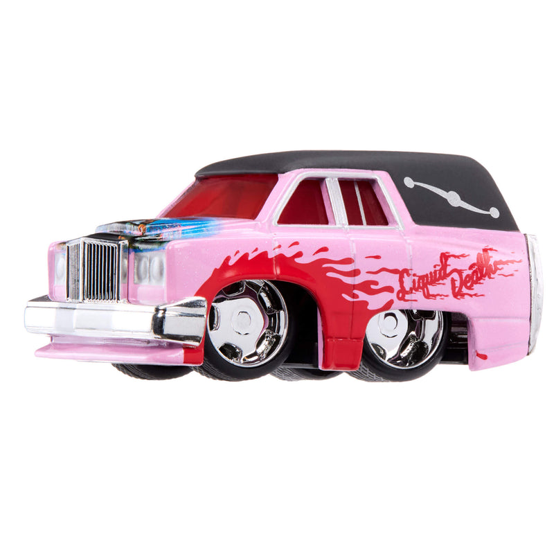 A toy model car styled like a custom pink and red hearse with a black roof, chrome wheels, and 'Liquid Death' script on the side, shown against a plain white background.