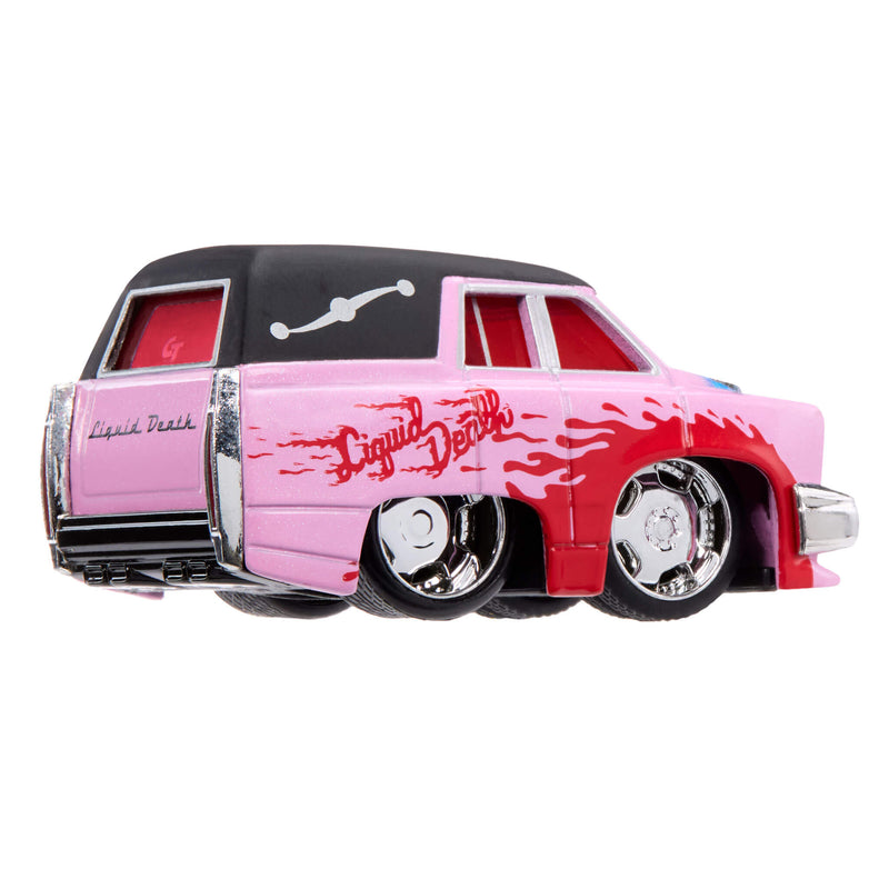 A pink and black toy car with red flame decals, chrome wheels, and 'Liquid Death' script on the side, shown against a plain white background.