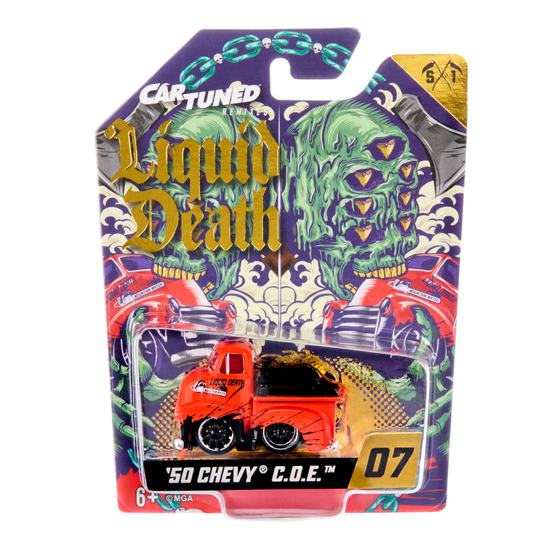 Cart Tuned Liquid Death '50 Chevy C.O.E. red truck in packaging with Brand CarTuned Liquid Death.