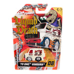 A packaged toy car set from Car Tuned Remixed, featuring a '79 GMC Vandura with 'Liquid Death BBQ Your Thirst?' graphics, mounted on a vibrant orange, red, and white illustrated blister card with a chain graphic.