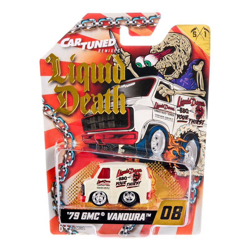 A packaged toy car set from Car Tuned Remixed, featuring a '79 GMC Vandura with 'Liquid Death BBQ Your Thirst?' graphics, mounted on a vibrant orange, red, and white illustrated blister card with a chain graphic.