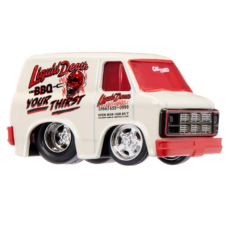 A die-cast toy van with a cream-colored body, red bumper, chrome wheels, and custom 'Liquor Death BBQ' graphics on the side, shown against a plain white background.