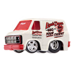 A die-cast toy model of a custom white and red van with 'Liquid Death BBQ Your Thirst' graphics on the side, featuring chrome wheels and a black grille.