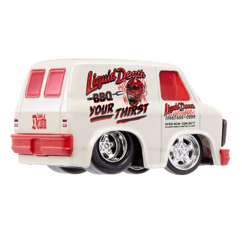 A die-cast toy van in off-white with red and black graphics reading 'Liquid Death BBQ Your Thirst' and 'Liquid Death' on door panel, shown on a plain white background.