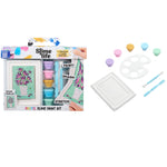 Slime life Pastel Slime Paint Kit shown in its packaging alongside the included accessories: a white palette, pastel paint pots in pink, yellow, blue, green, and purple, two small brushes, and a white tray on a white background.