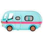 Teal Glamper with pink stripe around the middle, copper looking hub caps with hearts on a white background.