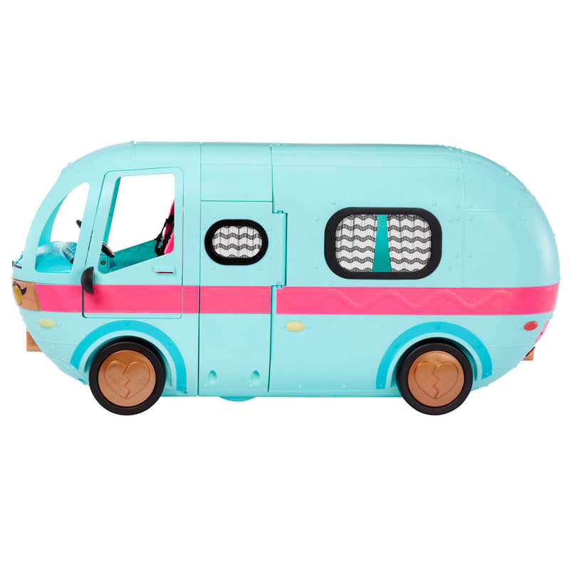 Teal Glamper with pink stripe around the middle, copper looking hub caps with hearts on a white background.