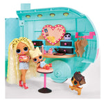 Closet scene with a doll with long blonde hair with a yellow bow with black poke a dots, wearing shorts and a t-shirt doing a small girls hair while she is sitting on a pedestal. 
