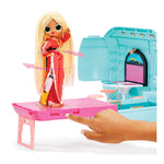 Fashion doll wearing a red jumpsuit with long braided hair on a pink platform dancing.
