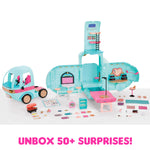 Glamper in two parts with accessories- box has text 'UNBOX 50+ SURPRISES'