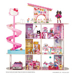 A large pink Hello Kitty dollhouse playset with multiple rooms, a spiral slide, a small car, and several Hello Kitty style dolls, shown on a plain white background.