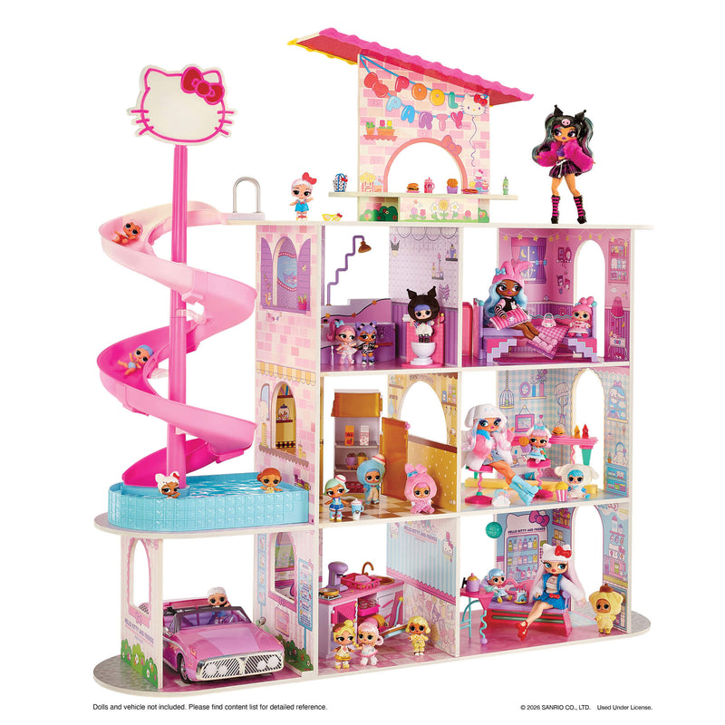 A large pink and purple multi-story dollhouse playset with a spiral slide, a Hello Kitty sign, a pink car, and multiple small Hello Kitty and cat dolls inside, shown on a white background.