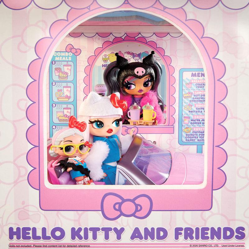 Featuring a pink and white themed counter playset with three dolls, a toy car, and play food accessories.