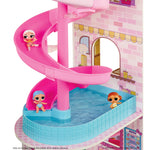 Tot doll sliding down a pink slide into a blue pool where a tot is sitting in the water. 