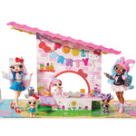 A Hello Kitty doll party scene set with multiple dolls around a pink and white pool party backdrop featuring a 'Pool Party' banner, a slide, and colorful accessories on a white background.