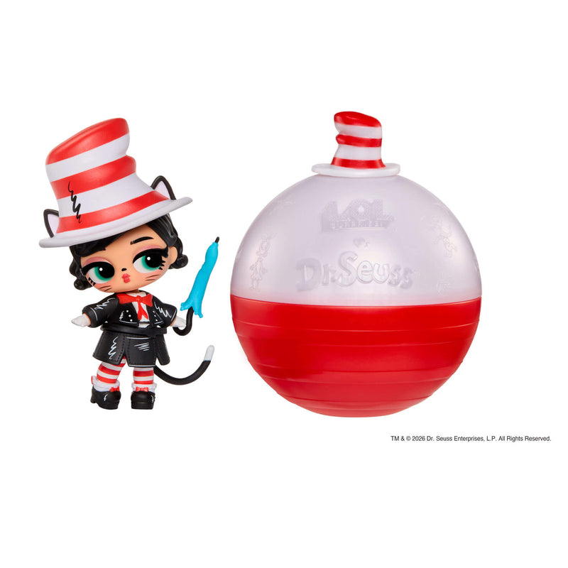 A Dr. Seuss Cat in the Hat tot to the left and a matching red/white spherical container with LOL Surprise Loves Dr. Seuss to the right.