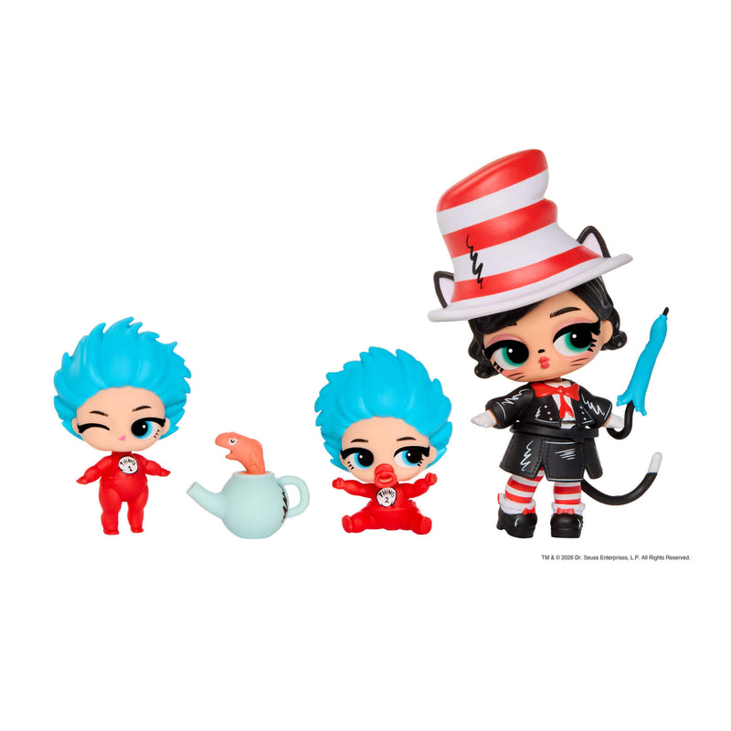 Thing 1 and Thing 2 dressed in red with blue hair with a fish jumping out of a teapot, along with a Dr. Seuss Cat in the Hat tot on a white background.