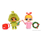 Tot to the left is dressed in a fuzzy light-green costume with a hood shaped like the Grinch’s head with a face embroidered on the hood: yellow eyes, and sly smile. Holding a decorated cookie shaped like a Christmas tree. On the right is Cindy Lou Who tot with blond-haired wearing a pink nightgown and a red headband tied in a bow. Holding a candy cane and a green wreath.