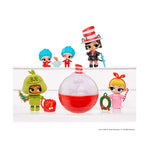 A Dr. Seuss-themed toy display featuring multiple small character figurines and a large red-and-white spherical ornament on a white background.