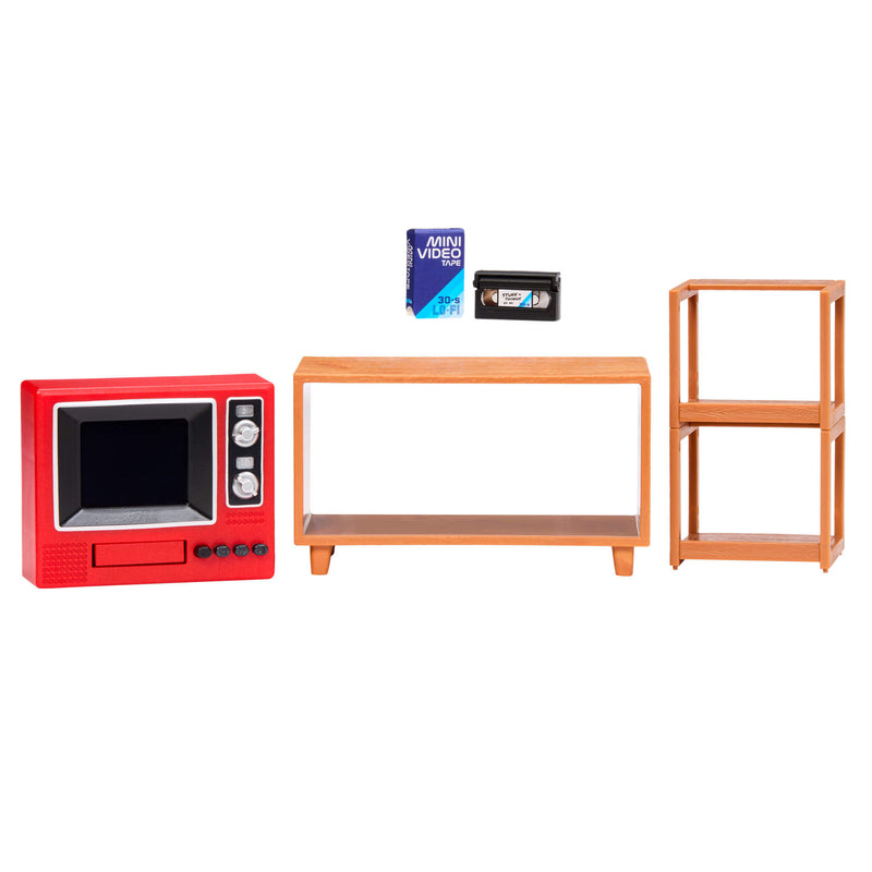 A miniature furniture set featuring a red retro television, a light brown wooden console table, a matching two-tier shelf, and a blue VHS video case, displayed on a clean white background.