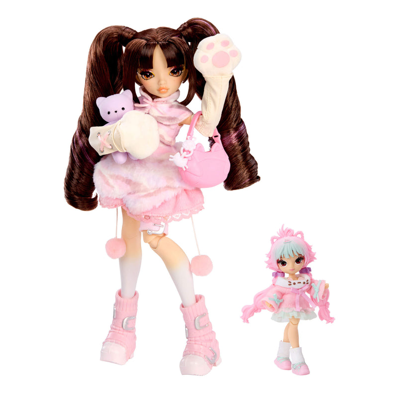 Big and little Akiko-Big is standing on the left and little is standing on the right on a white background