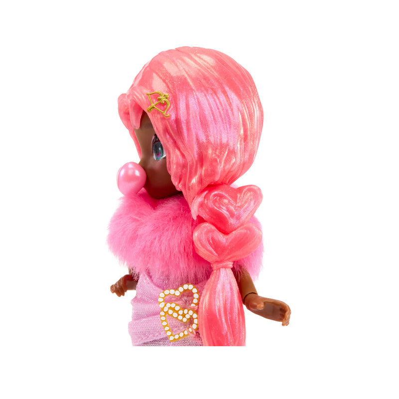 Side view of shimmery pink hair, with heart shapes as part of the hair.