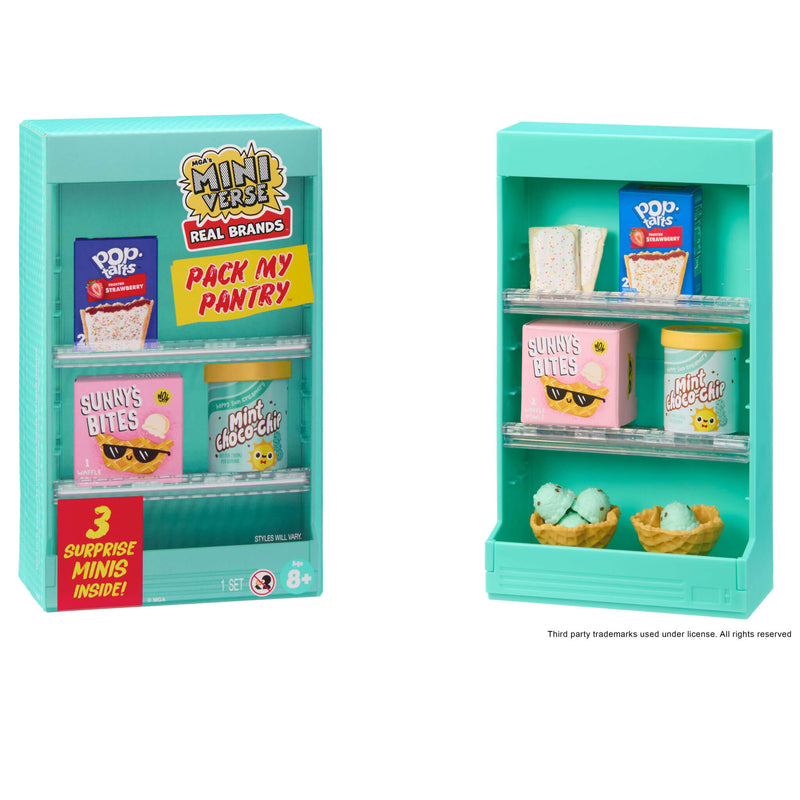 Mini pantry set with shelves and packaging labeled 'Mini Verse Real Brands' on a white background.