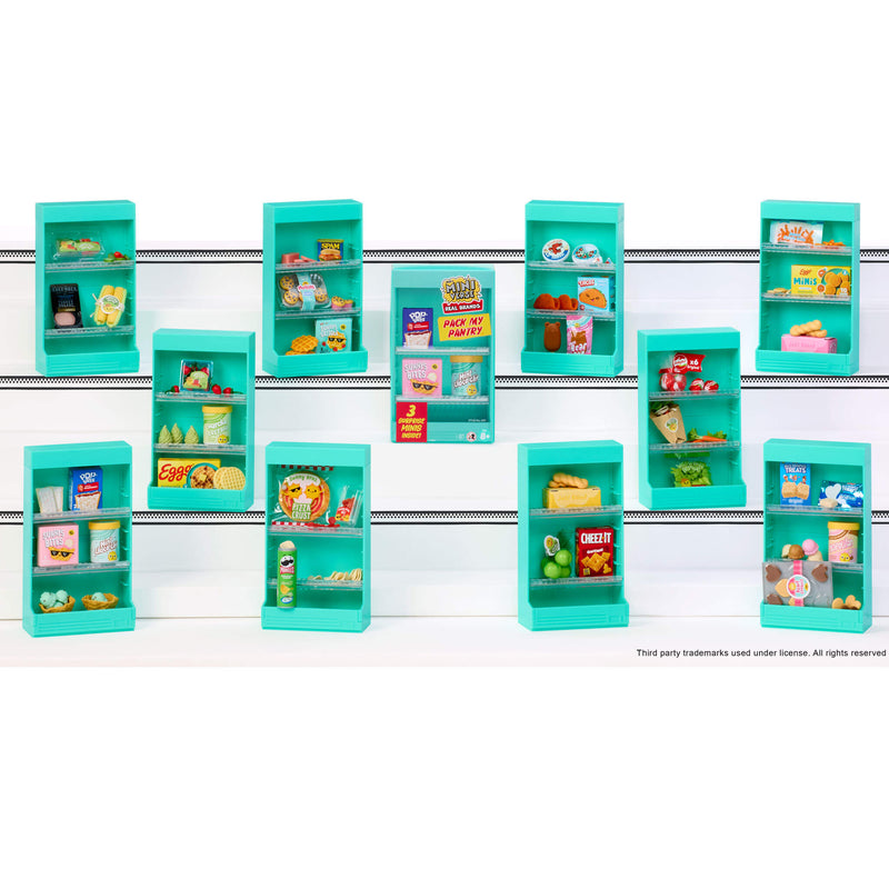 Mini Teal shelves with various toy food items on a white background