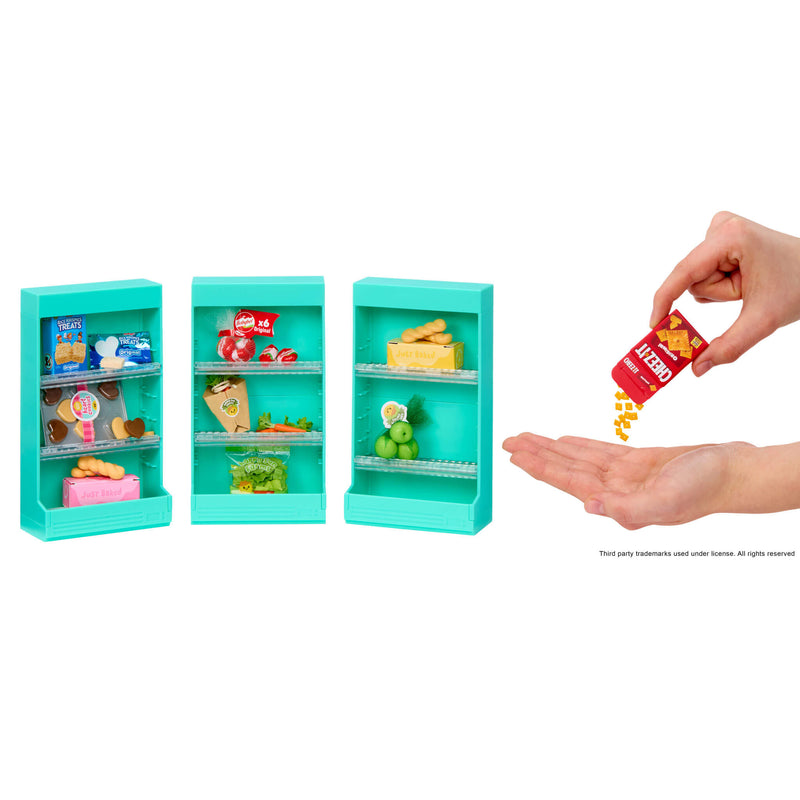 Miniature toy shelves with various items and a hand holding a mini box.