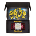Black open box, inside of the lid has three partial looking skulls, the inside bottom has a burgundy coffin box with a white and gold paper wrapped around the middle. 'CarTund' in gold is above the coffin and 'Liquid Death' in gold is below.