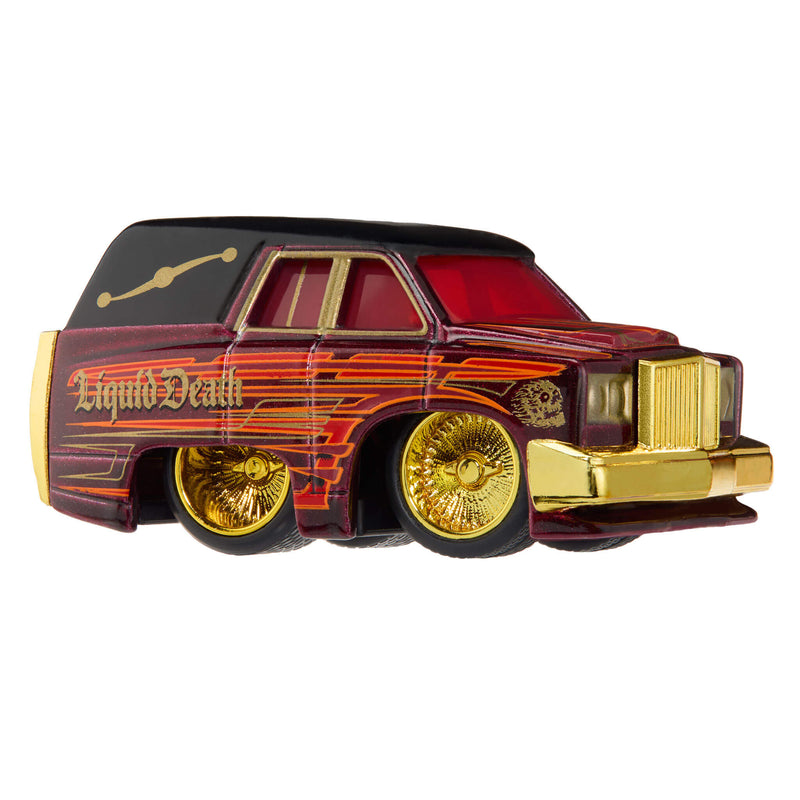 Black and red hearse with red windows, gold wheel rims and “Liquid Death” on the back panel on a white background.