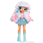 Toy doll with colorful hair and outfit on a white background