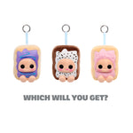 Three cute character keychains shaped like Pop Tarts on a white background with text 'WHICH WILL YOU GET?'.