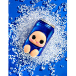 A glossy blue "can" with a cute cartoon character face and peach-colored feet, surrounded by scattered clear ice cubes on a bright blue background.