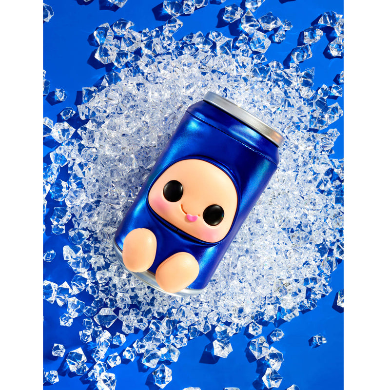 A glossy blue "can" with a cute cartoon character face and peach-colored feet, surrounded by scattered clear ice cubes on a bright blue background.