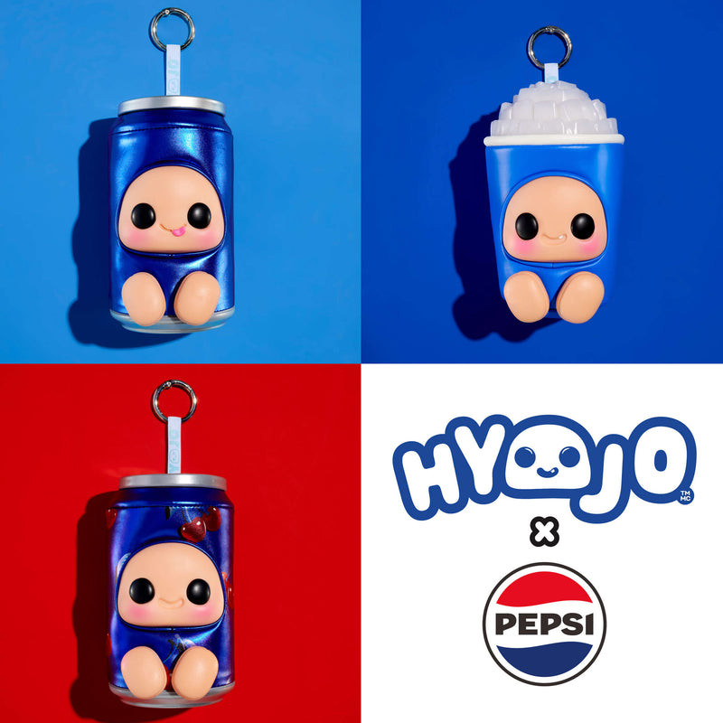 Three HYAJO x Pepsi collectible keychains shaped like a blue soda can, a blue cup with ice, and a blue cup with a cherry, arranged in a 3x3 grid with the HYAJO x Pepsi logo in the bottom right corner.