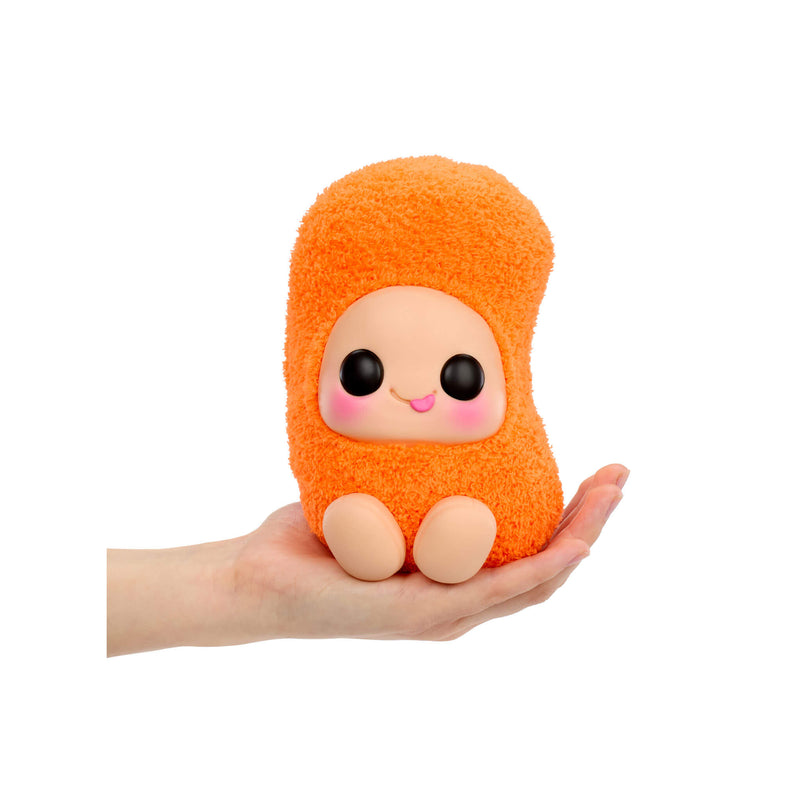 Orange Cheeto with face and feet held in a hand on a white background
